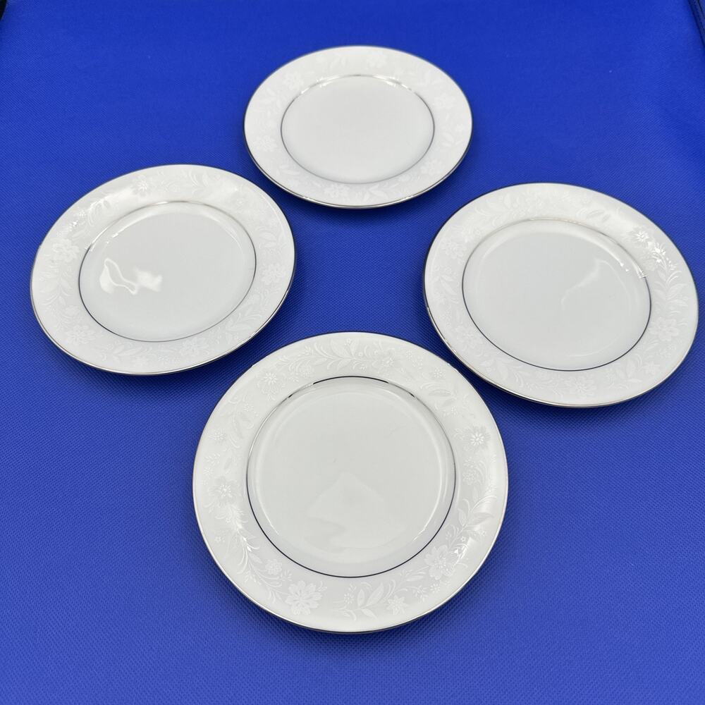 Noritake Ranier 6909 Bread Plates 6 3/8” White Floral on White Silver Rim Set 4‎